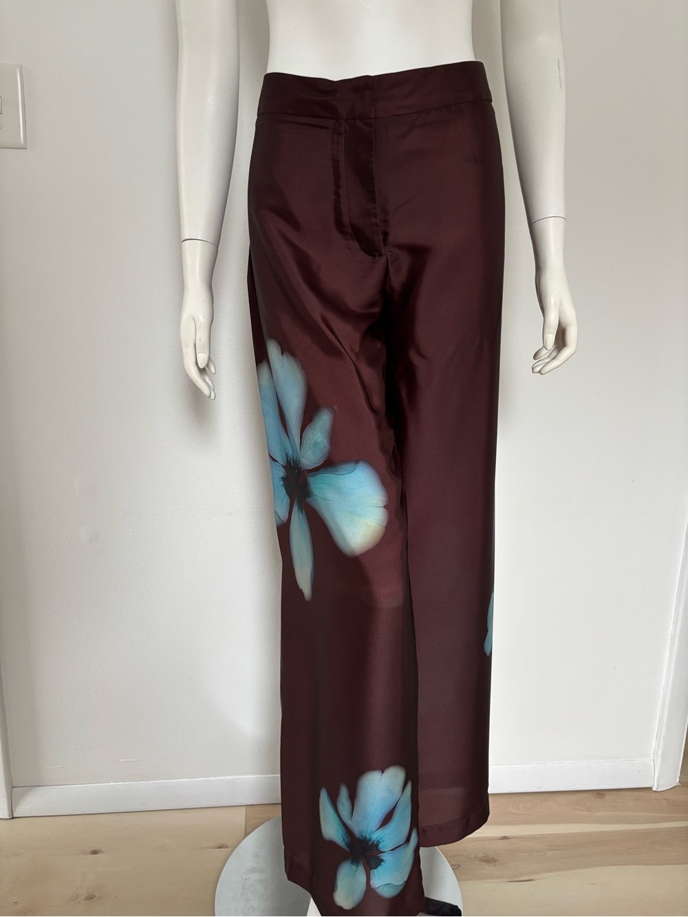 Zara Burgundy Wide-Leg Satin Pants with Aqua Floral Print
